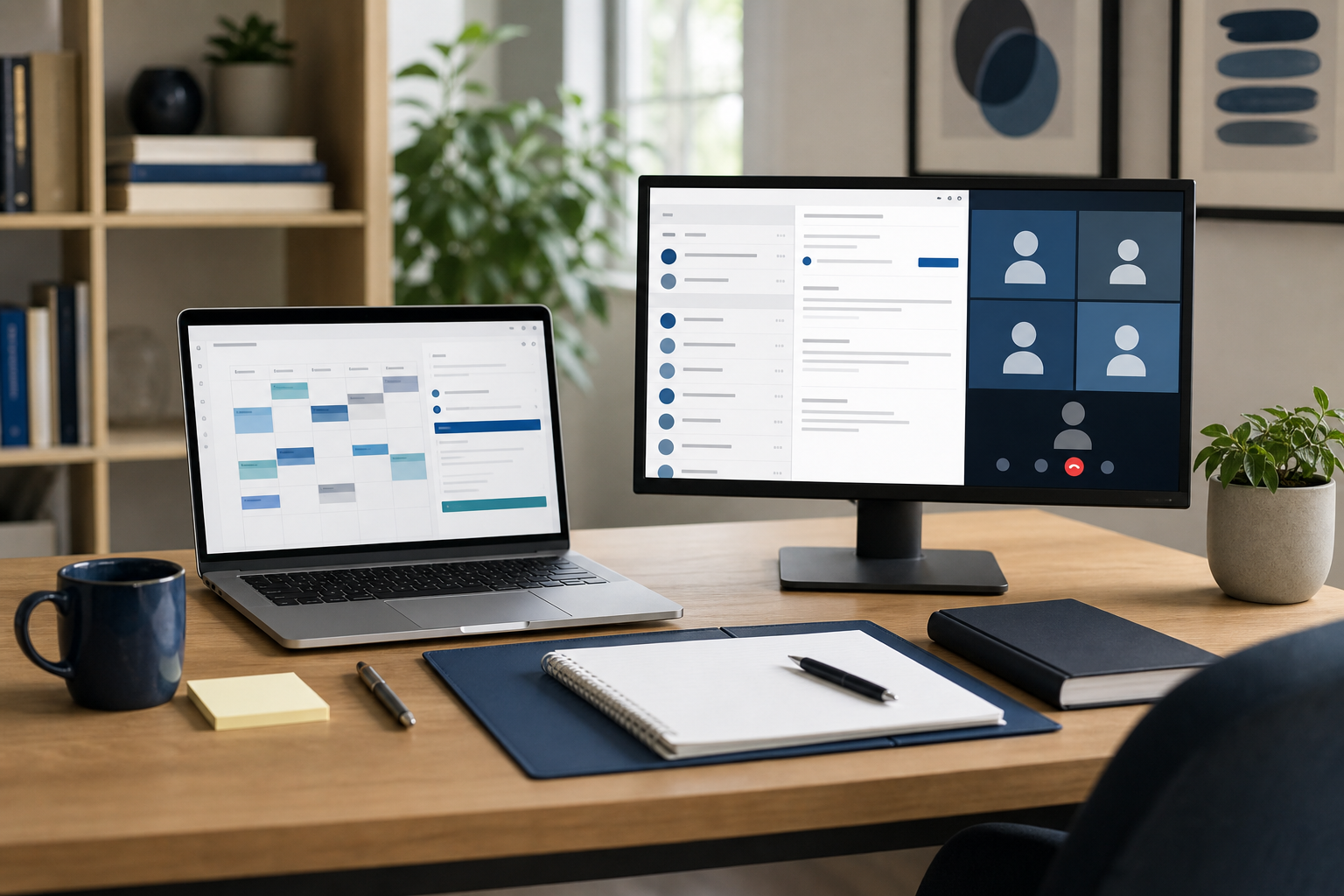 Laptop and monitor arranged for email calendar and video collaboration support
