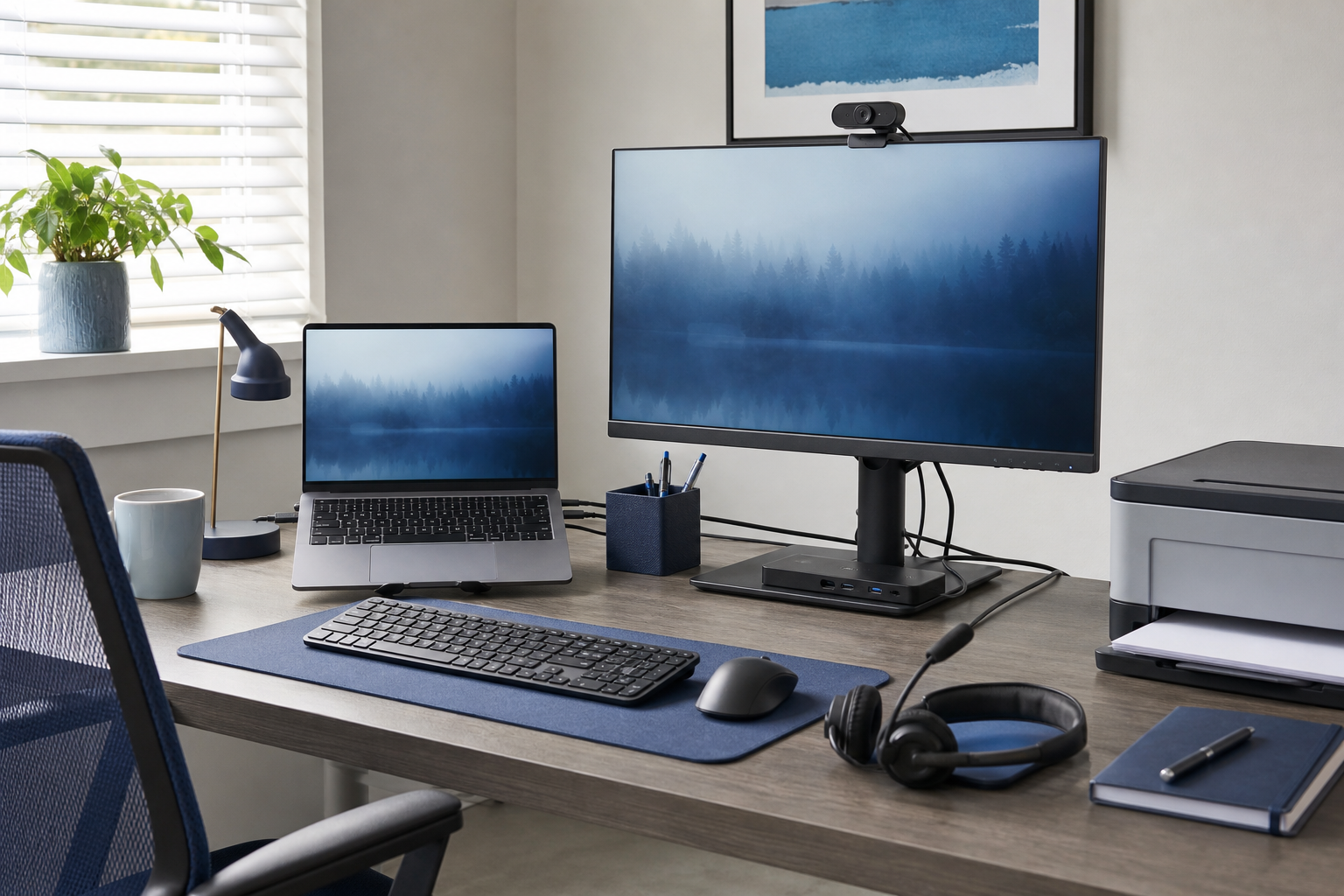 Home-office workstation with monitor webcam printer headset and docking accessories