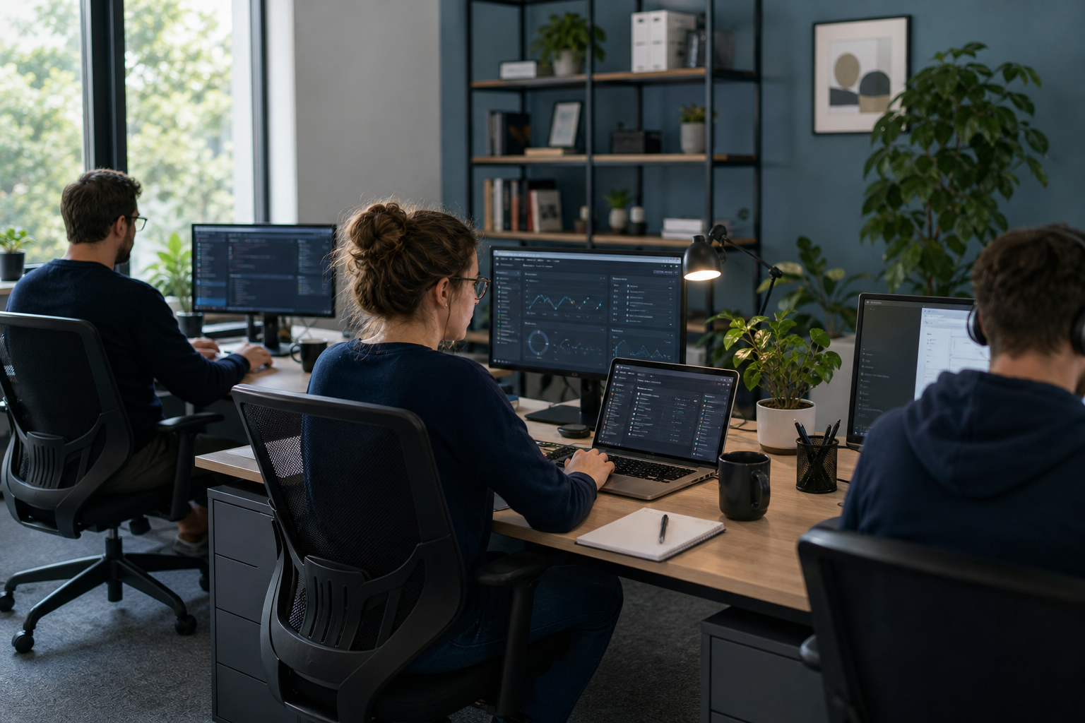 Small team working at a coordinated group of computer workstations