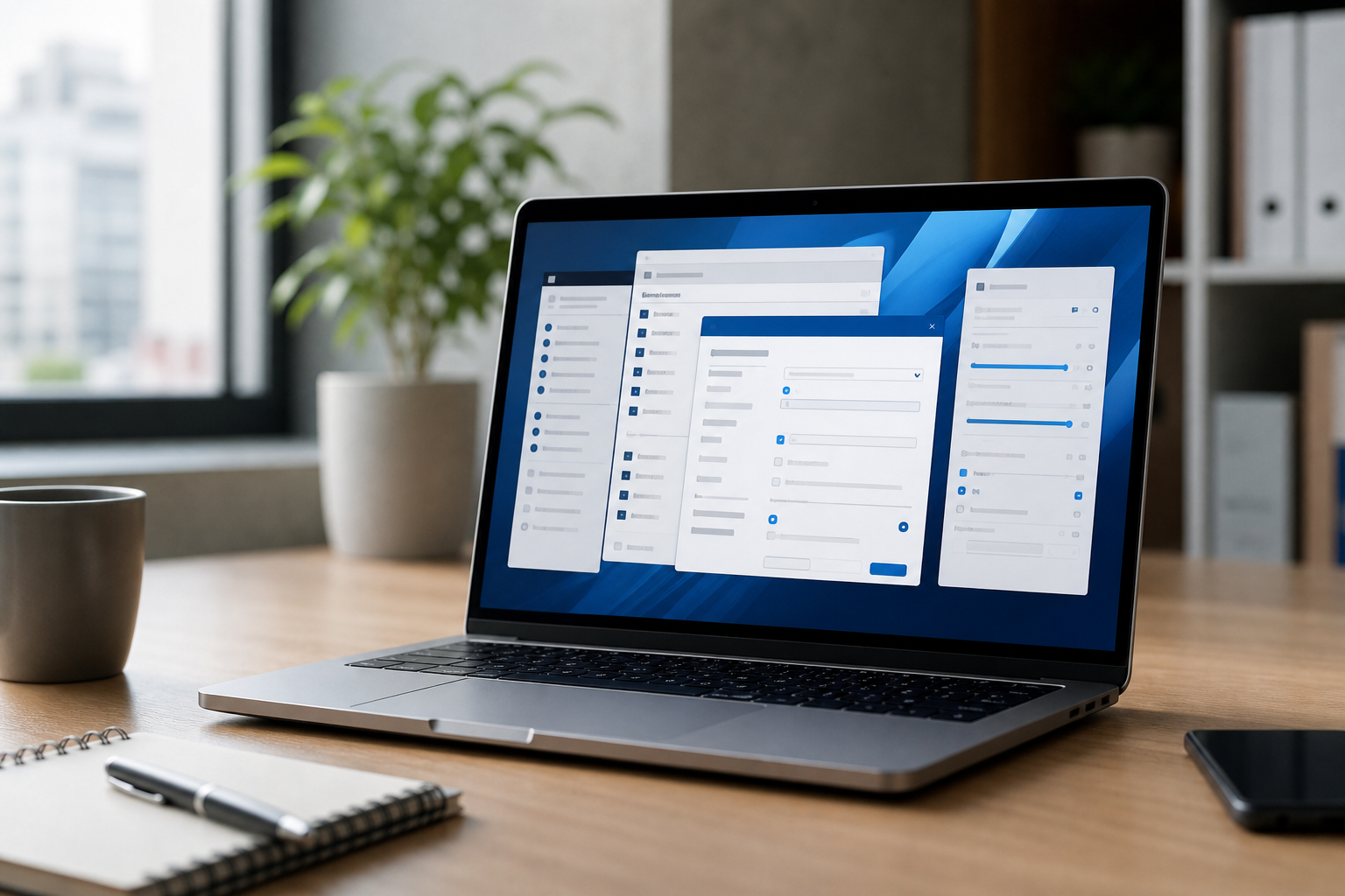 Laptop displaying neutral software settings panels in a professional workspace